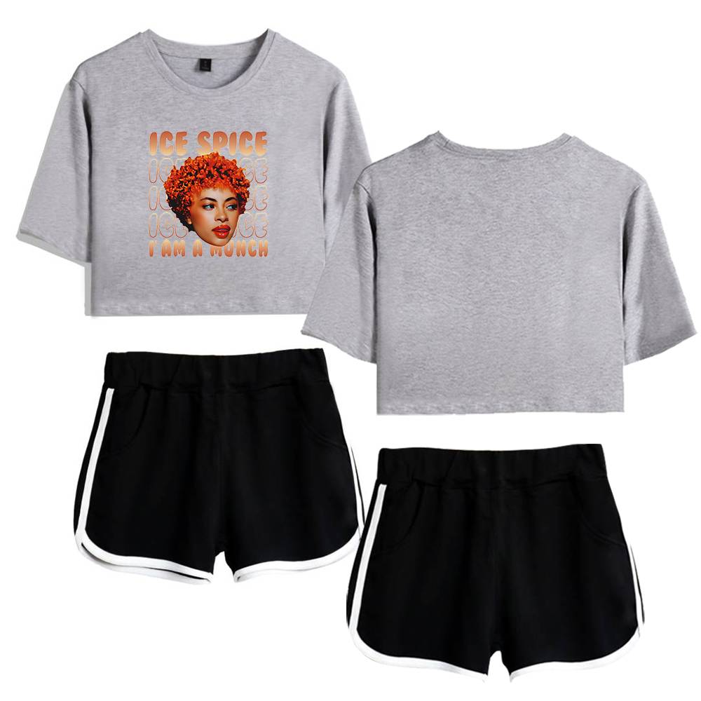 Women’s grey cropped t-shirt featuring a graphic of a woman with curly hair, the text “Ice Spice” and “I am a munch”. Paired with black shorts with white trim for a casual streetwear look. Ideal for stylish, comfortable casual wear.