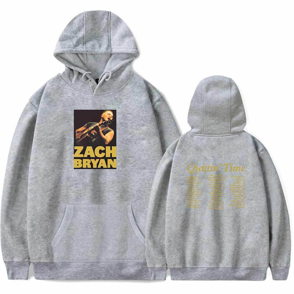 Zach Bryan hoodie featuring a front graphic of Zach Bryan playing guitar and back text that reads "Quitin' Time" in a gold font, perfect for fans of the artist.