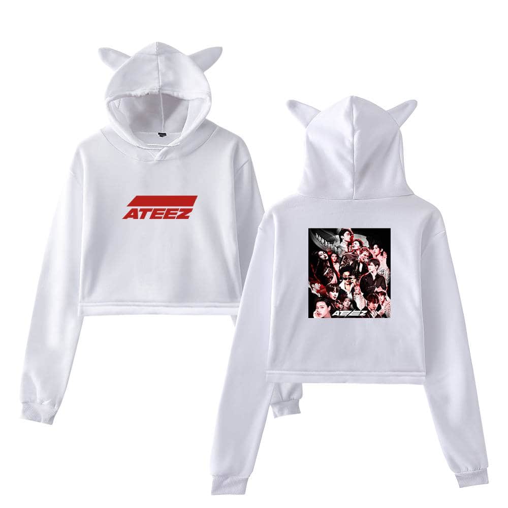 Red ATEEZ logo on a white cropped hoodie with a hood featuring animal ears, paired with matching joggers. The back displays a group photo of the K-pop band ATEEZ. Perfect merchandise for fans to showcase their support.