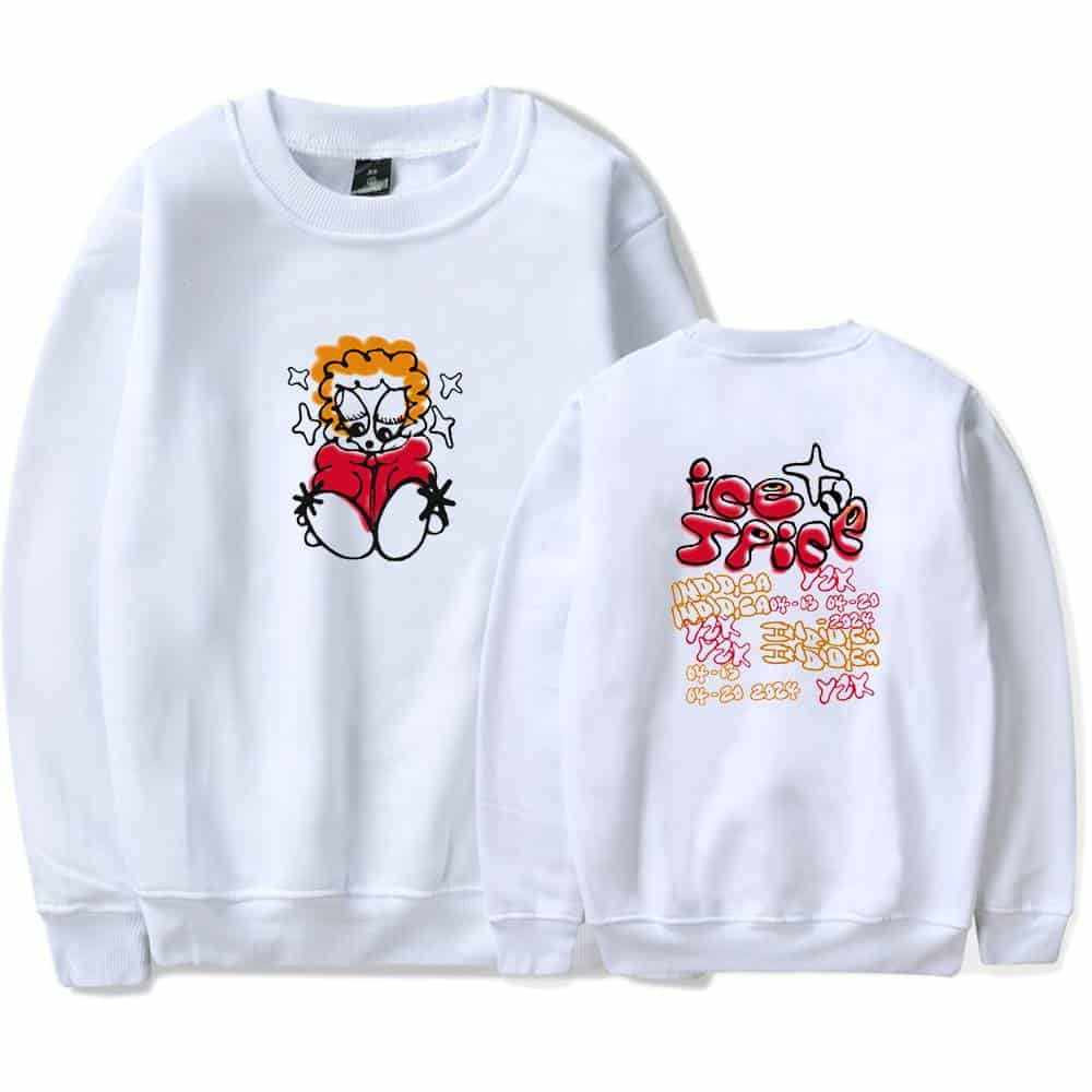 Vampire girl illustrated on a white sweatshirt with colorful text and artistic design, perfect for trendy streetwear or casual fashion statements.