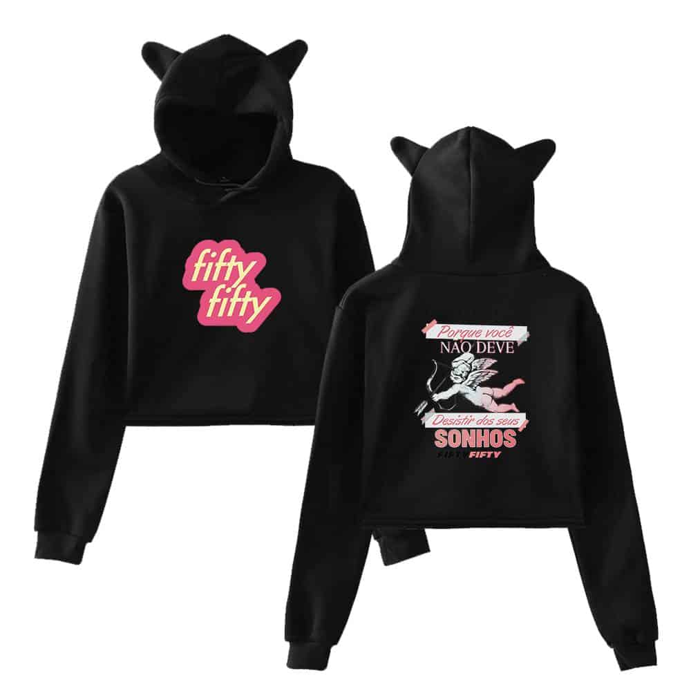 Fifty fifty hoodie with pink and yellow text and angel graphic, fashionable streetwear for women and teens.