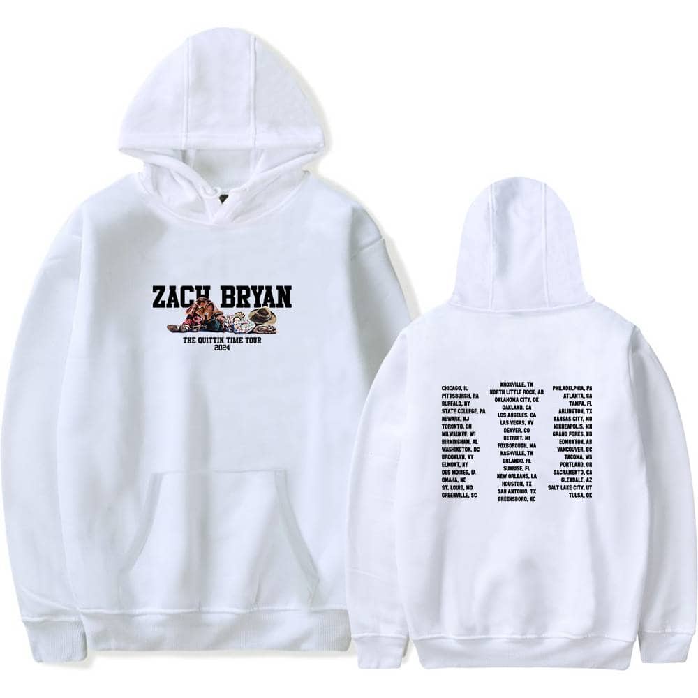 Zach Bryan hoodie with tour dates and a graphic of musical instruments and cowboy hat printed on the front. Perfect for fans of Zach Bryan’s 2024 tour and country/folk music style.