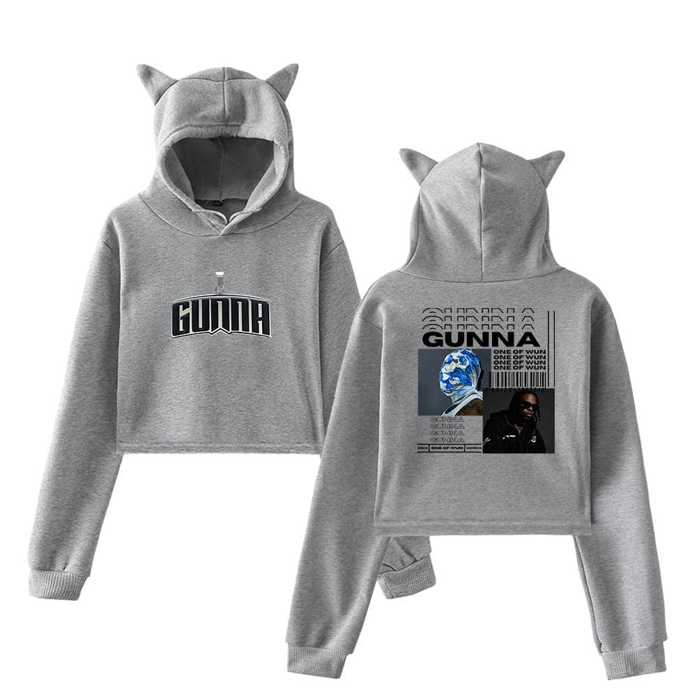 Gunna hoodie with a playful cat ear design on the hood, featuring bold graphic prints of the artist's name and artwork, perfect for streetwear fans.