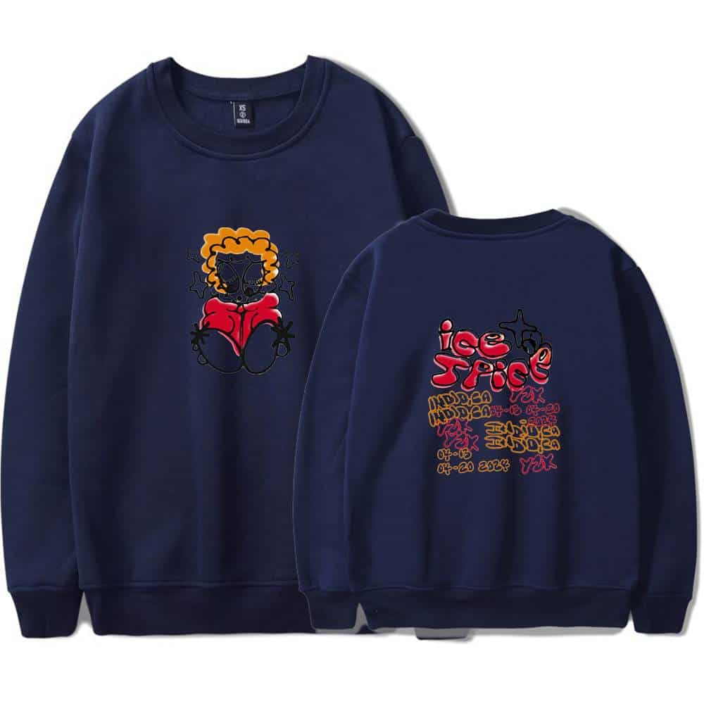 Red and black ice Spice graphic sweatshirt, casual streetwear hoodie, bold artistic design, unisex, comfortable fit, perfect for everyday wear and music events, featuring vibrant colors and unique artwork.