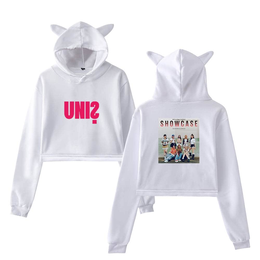 UN12 hoodie with cute animal ears on the hood, featuring bold pink "UN12" logo on the front and a group photo with "SHOWCASE" printed on the back, perfect for fans of the K-pop girl group.