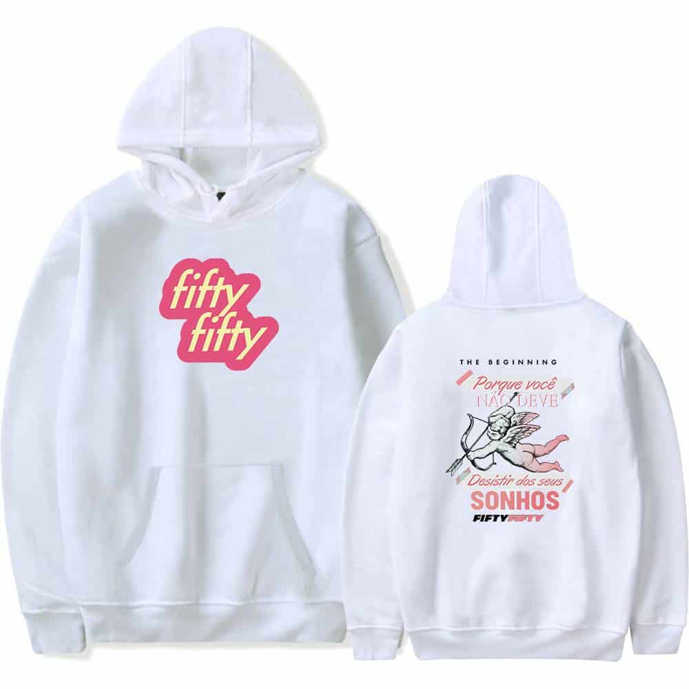 Fifty fifty hoodie with pink logo on front and angel with bow design on back.