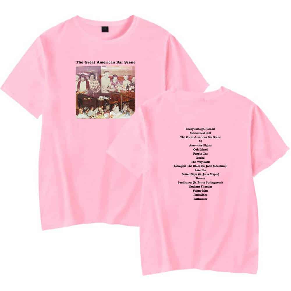 Pink band t-shirt featuring a retro photo collage of The Great American Bar Scene, blending vintage style with modern casual wear. Perfect for music lovers and fans of classic American nightlife.