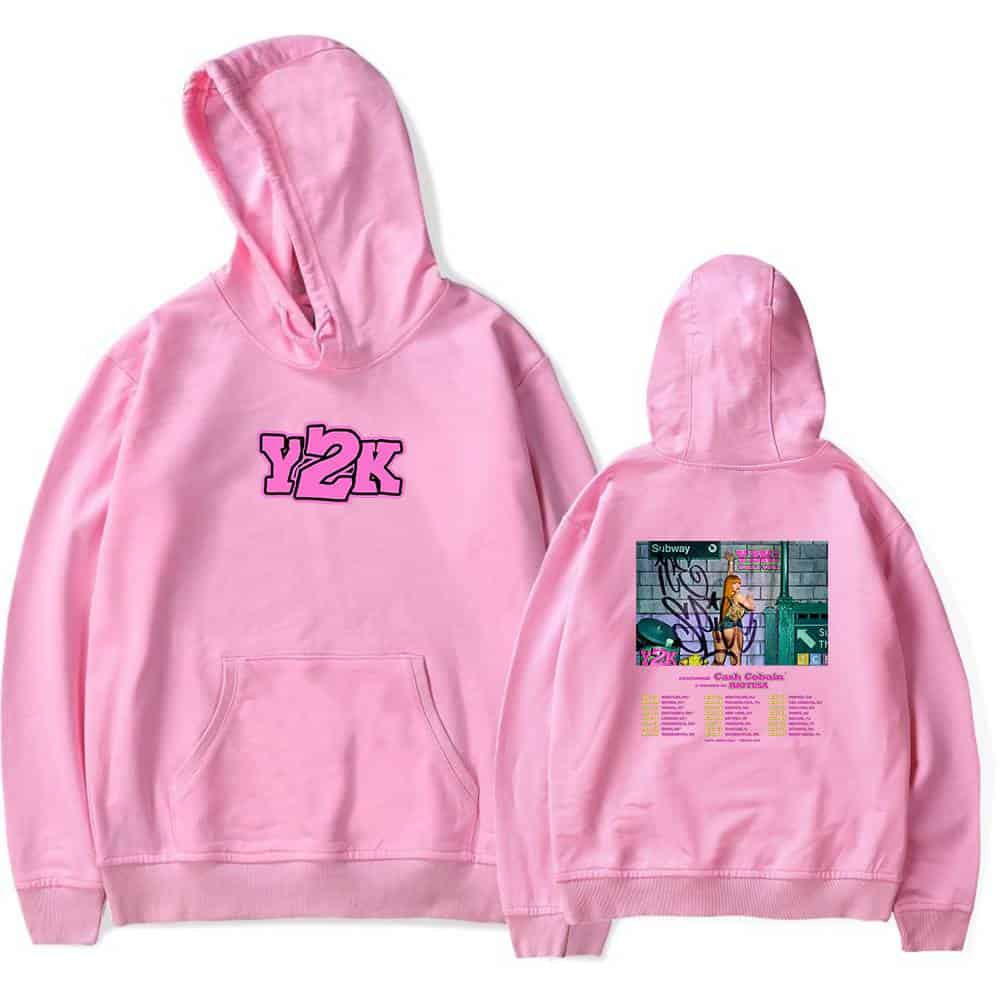 Y2K pink hoodie with graphic design and cityscape back print.