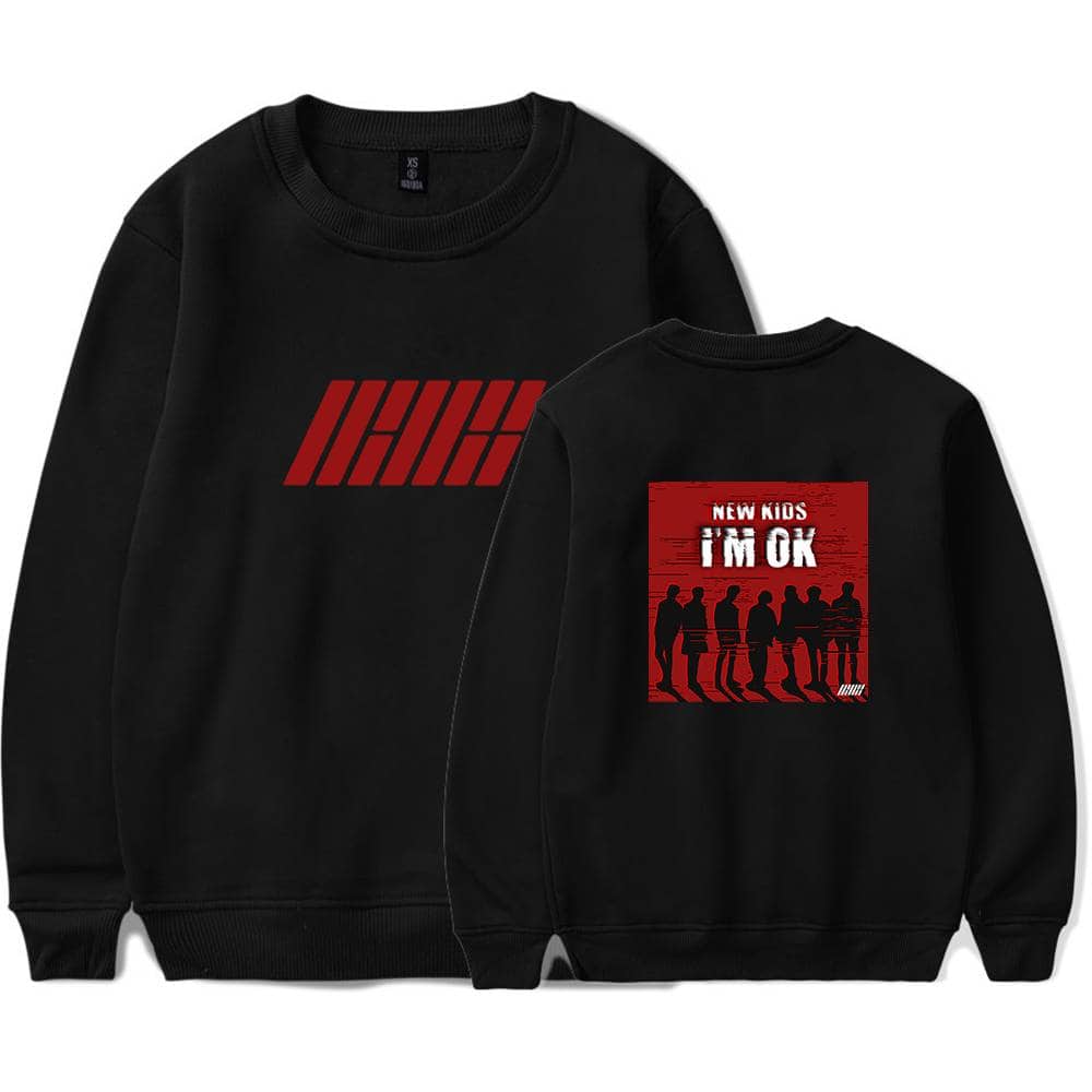Illuminated black sweatshirt with bold red graphics and text: "IHIK" on the front and "New Kids I'm OK" with silhouettes on the back. Perfect for fans of casual streetwear and band-inspired apparel.