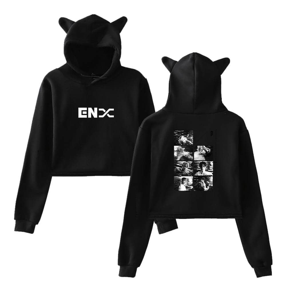 Crewneck hoodie with "ENC" logo and animal-eared hood tails, black color, modern streetwear style, unisex, casual wear, trendy graphic design, comfortable fabric.