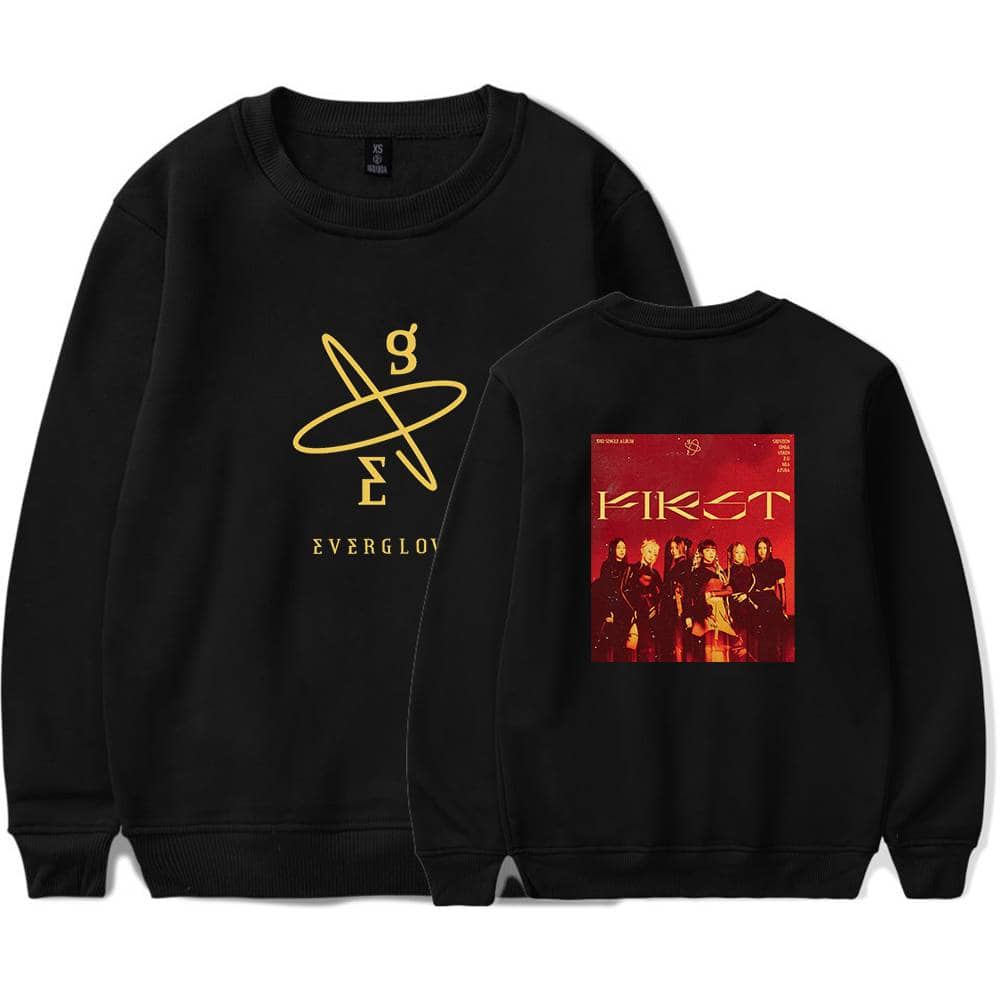 Black sweatshirt featuring the Everglow logo on the front and a red album cover with the group FIFT on the back. Perfect for fans of Everglow and FIFT, showcasing stylish music merchandise.
