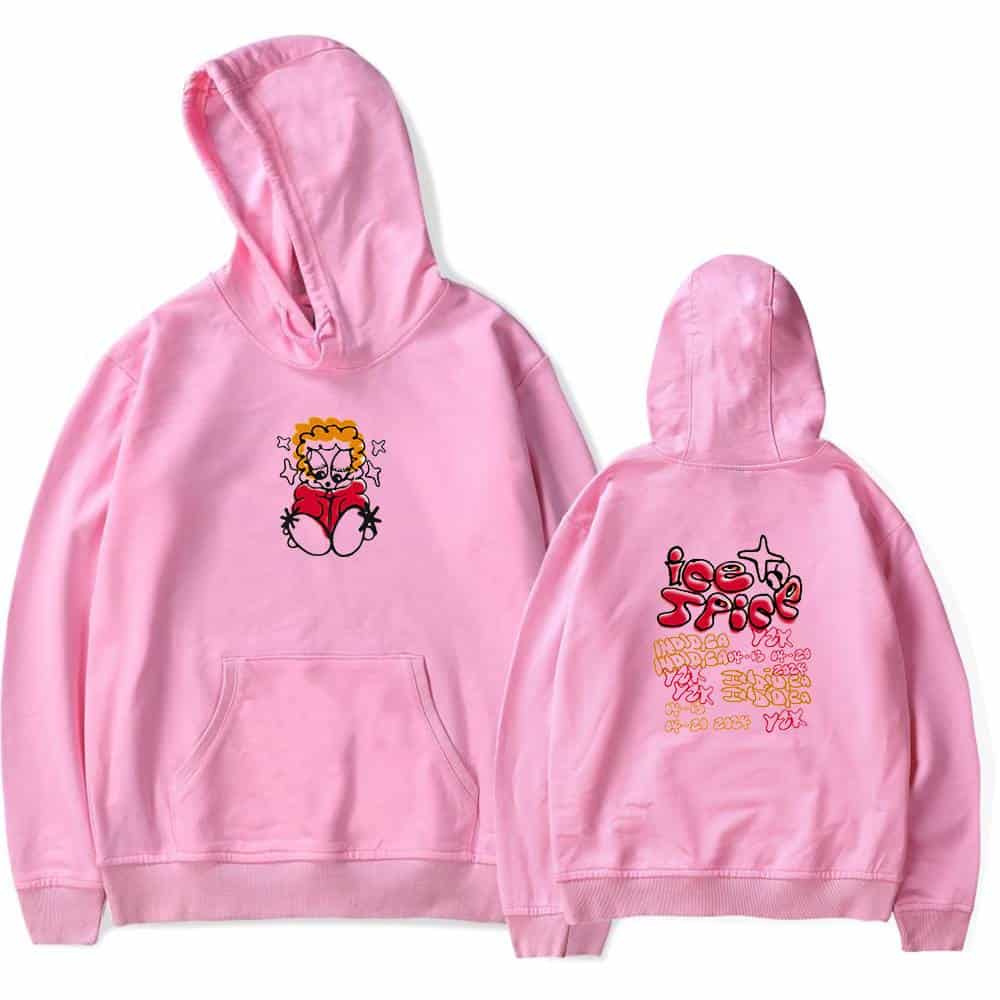 Pink hoodie with cartoon graphic of a girl and "ice spice" text, featuring vibrant colors and streetwear style. Perfect for fans of music and trendy fashion. Made from soft, comfortable material with front pocket and adjustable hood.