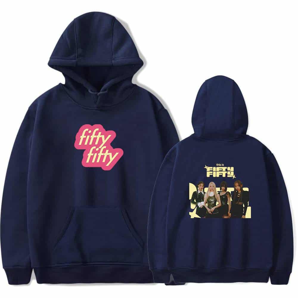 Fifty Fifty hoodie with logo and group image, navy blue sweatshirt, trendy unisex streetwear, K-pop inspired merchandise, casual style, comfortable cotton blend, perfect for fans and fashion enthusiasts.