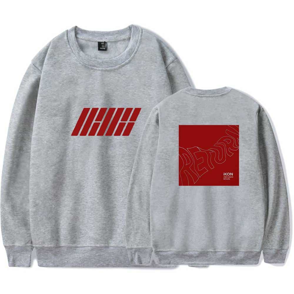 IKHNH logo graphic sweatshirt; front with bold red lines, back with a red square featuring intricate outline text and "IKON" branding. Crafted from soft grey fabric, perfect for casual wear.