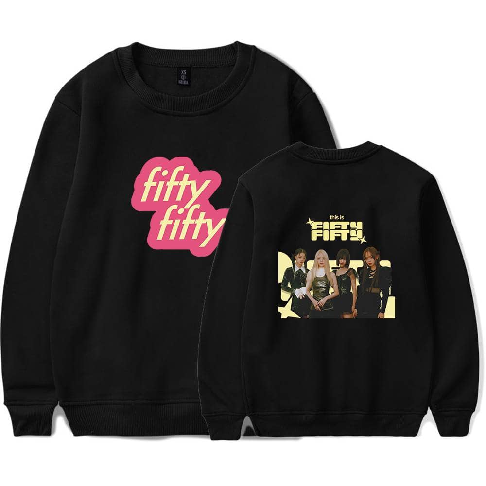 Fifty Fifty sweatshirts featuring bold graphic designs and images of the girl group, blending pop culture with stylish comfort. Perfect for fans and casual wear.