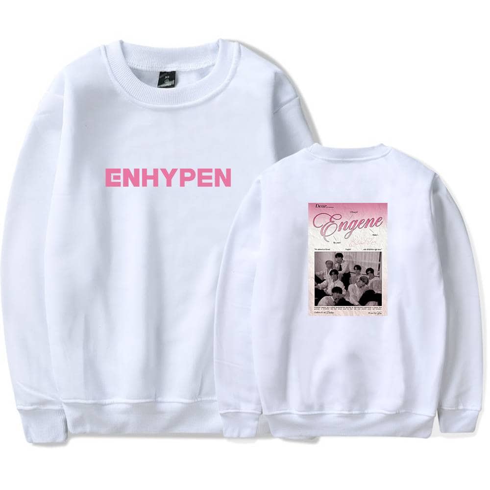 ENYPEN printed sweatshirt with pink lettering and a graphic back design featuring a group of young people.