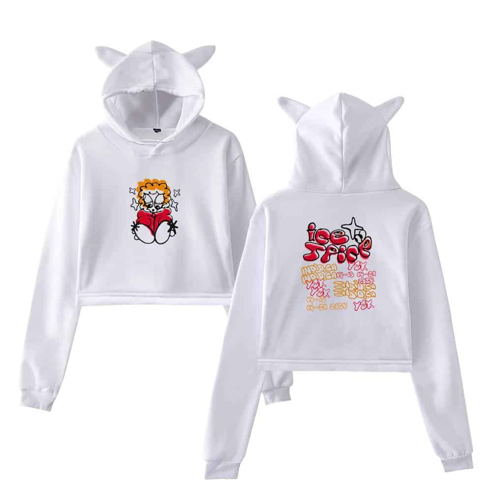 Comfortable white hoodie with cat ear hood and colorful graphic print, perfect for streetwear fashion and casual wear, featuring unique artistic design on the front and back.