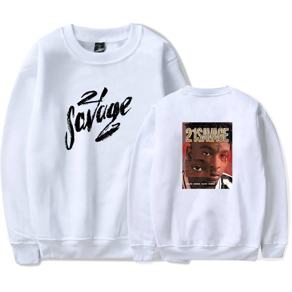 21 Savage sweatshirt with bold black script front text and a graphic print of his face on the back; streetwear style.