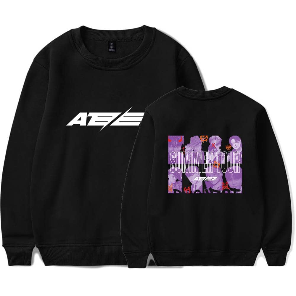 AEZ summer tour graphic sweatshirts in black with bold white and colorful purple graphic designs, perfect for fans of the band attending summer concerts.
