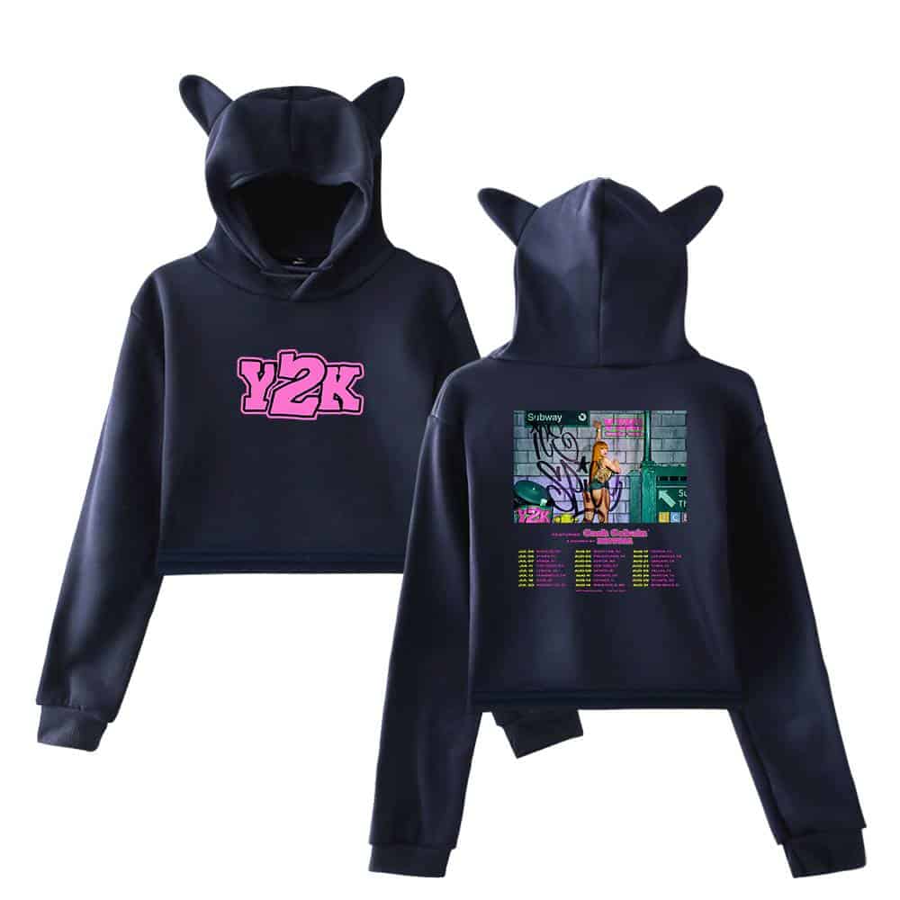 Y2K graffiti subway-themed oversized hoodie with animal ears, front pink logo, and back graphic design featuring a woman near subway signs, perfect for streetwear fashion.