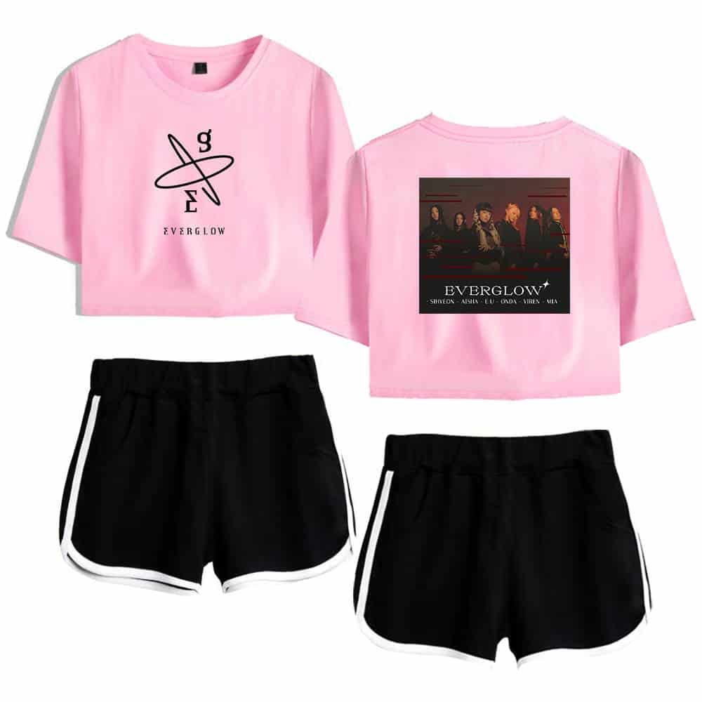 Pink cropped t-shirt featuring the "Everglow" logo with an abstract design on the front and a group photo with band members and "Everglow" text on the back, paired with black athletic shorts with white trim.
