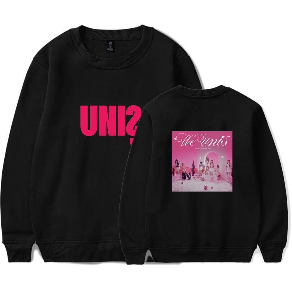 UNVS pink logo on front and "We Unis" graphic with members on back sweatshirt, casual streetwear merchandise for K-pop fans.