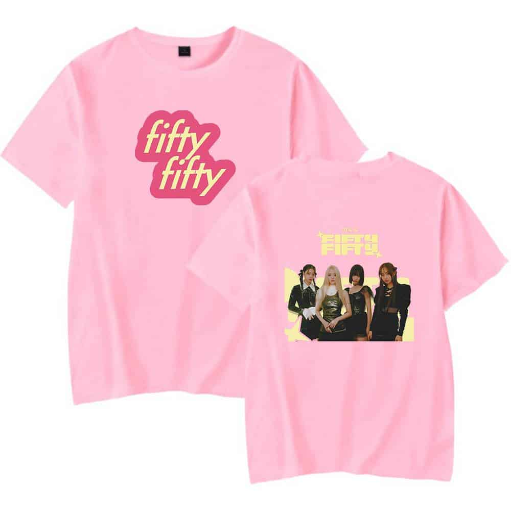 Fifty fifty pink T-shirt with a graphic print of four women and Korean text, casual streetwear merch for fans and trendy fashion enthusiasts.