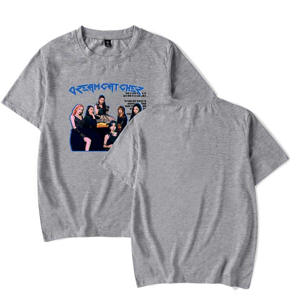 Dreamcat Girls band t-shirt, grey color with a printed group photo and text design, casual style merchandise for music fans.