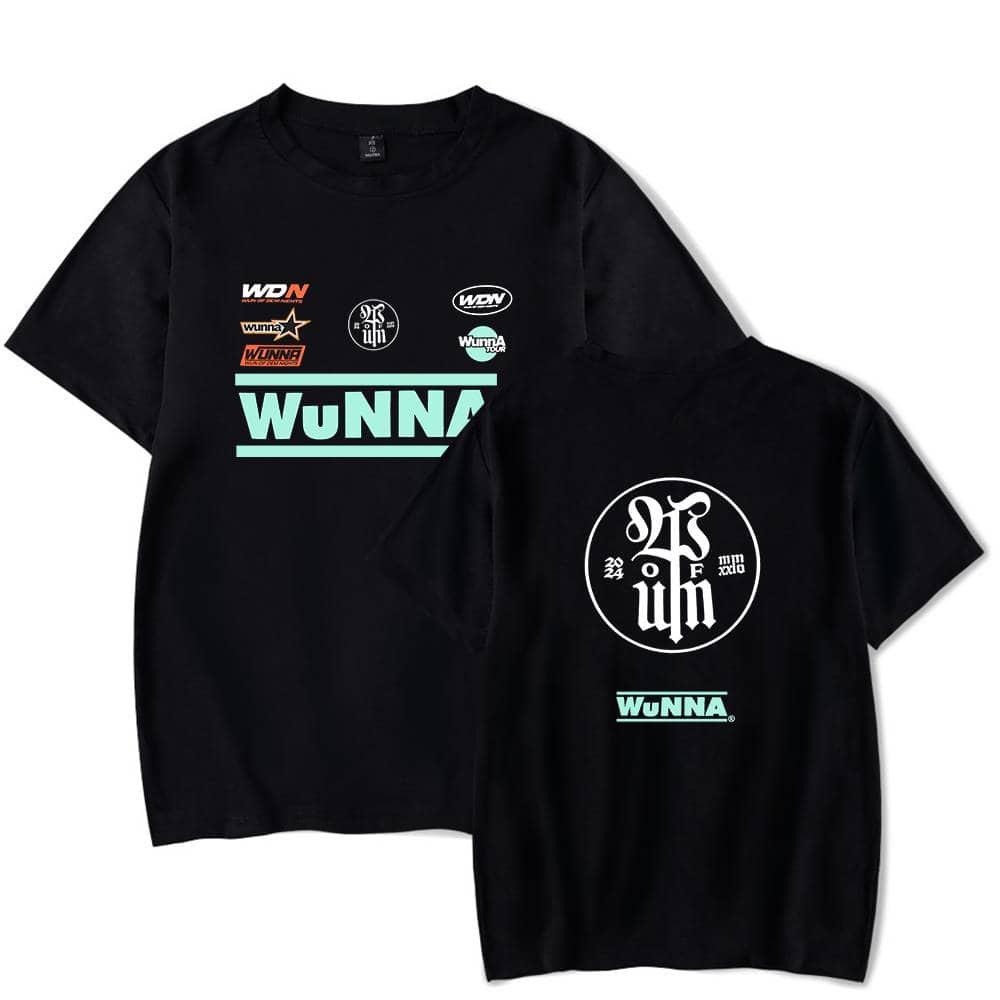 Wunna logo T-shirt with various graphic patches, black short-sleeve streetwear merchandise, casual urban apparel, modern youth fashion.