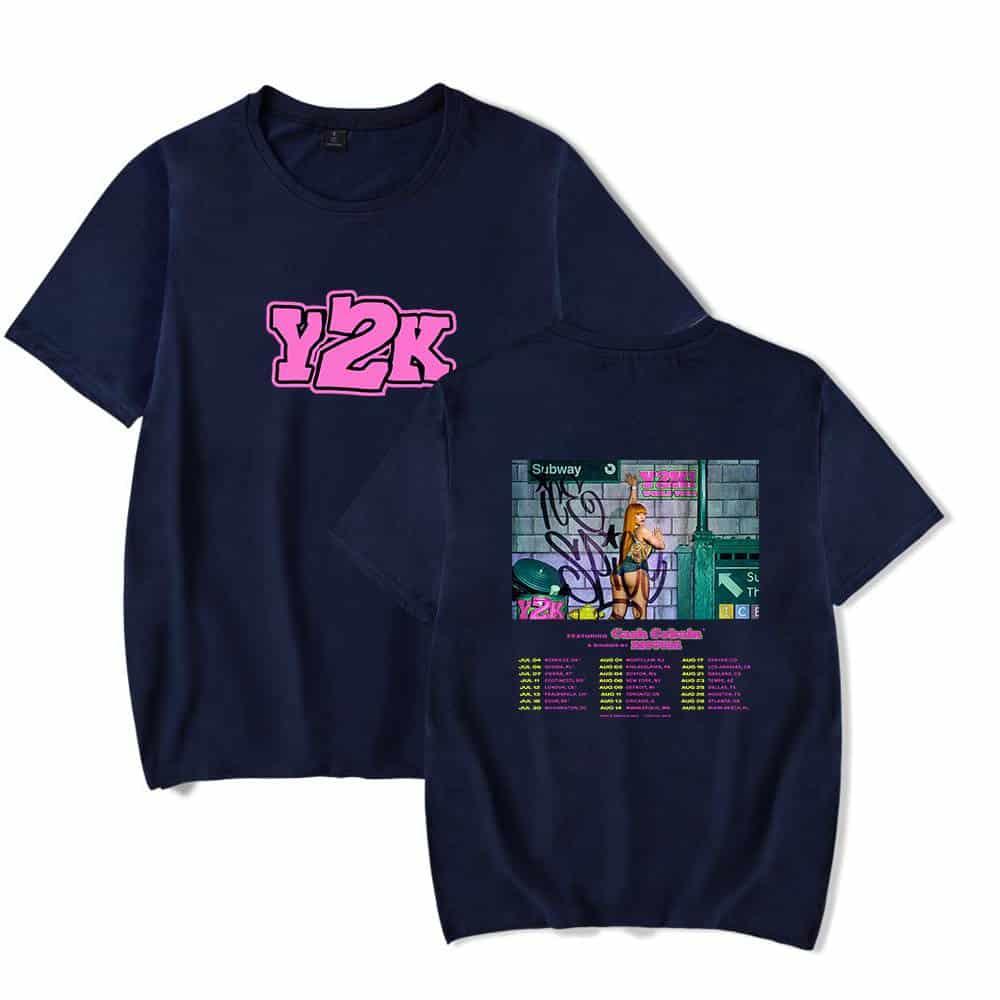 Y2k fashion graphic t-shirt showcasing retro-inspired design, neon colors, and street art elements perfect for casual wear and music festival outfits.