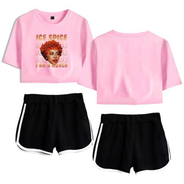 Pink graphic crop top featuring a woman with red curly hair and text "Ice Spice" and "I am a munch"; paired with black shorts with white trim.