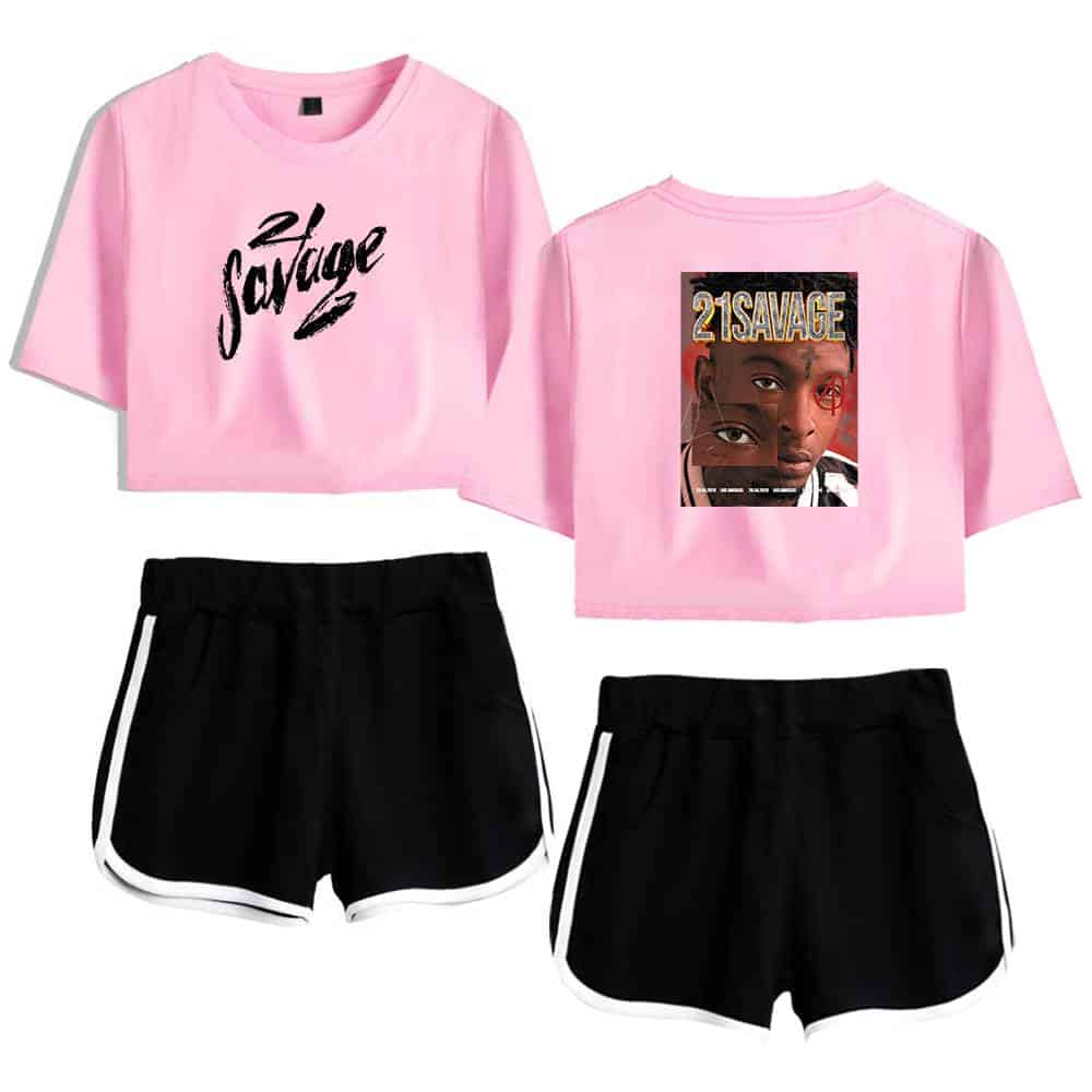 Savage pink cropped t-shirt with graphic print and matching black shorts with white trim for women and girls.
