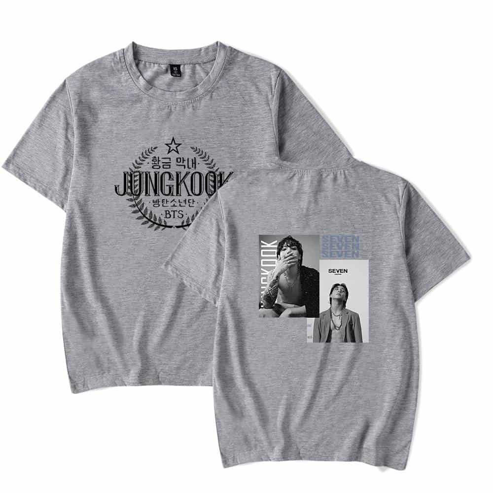 Jungkook BTS graphic gray t-shirt with black and white photo prints, Korean text, and modern design elements. Perfect casual streetwear for K-pop fans and BTS enthusiasts. Unisex fit, comfortable fabric.