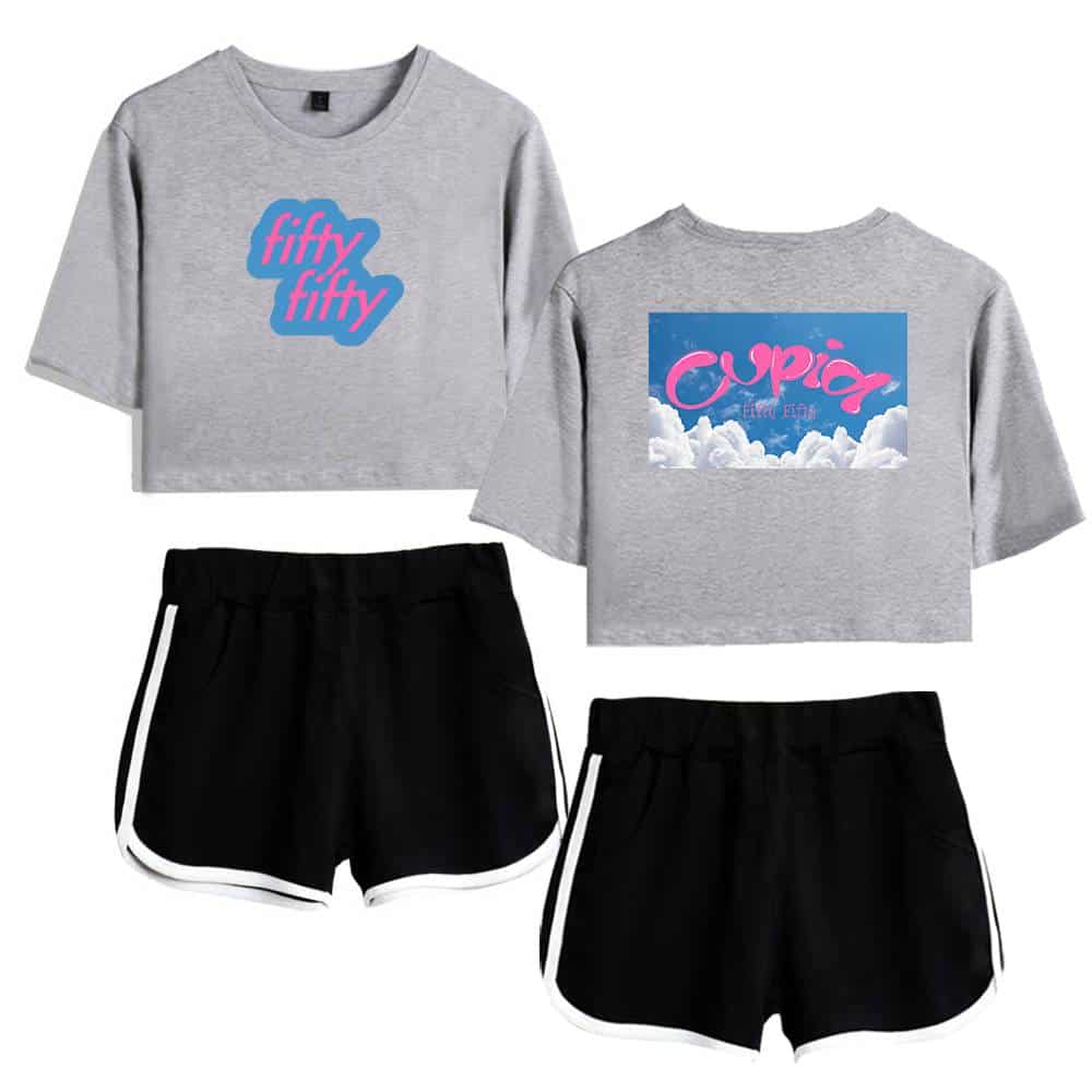 Fifty fifty crop top and cloud print crop top set with black athletic shorts, trendy casual merchandise for women, comfortable and stylish trendy athletic wear, suitable for summer or casual outings.