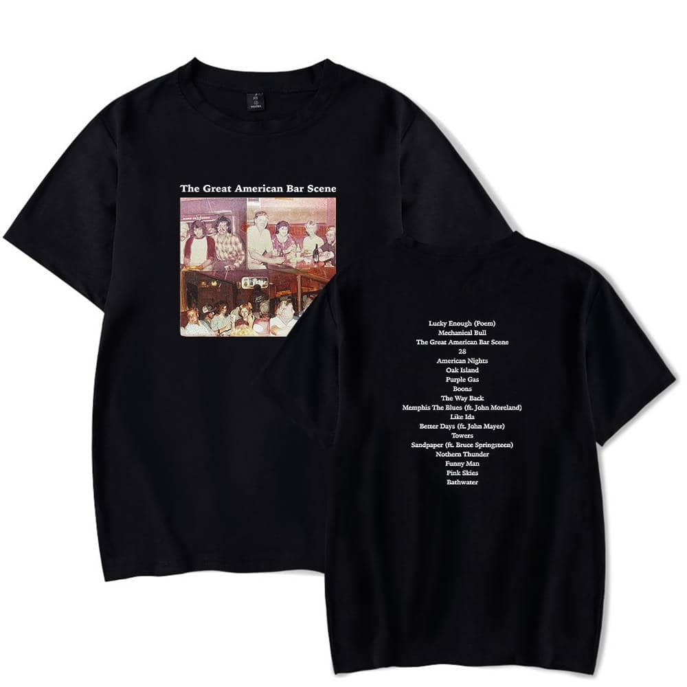 The Great American Bar Scene concert T-shirt featuring a vintage-style photo and song list on the back, perfect for music enthusiasts and concert memorabilia collectors.