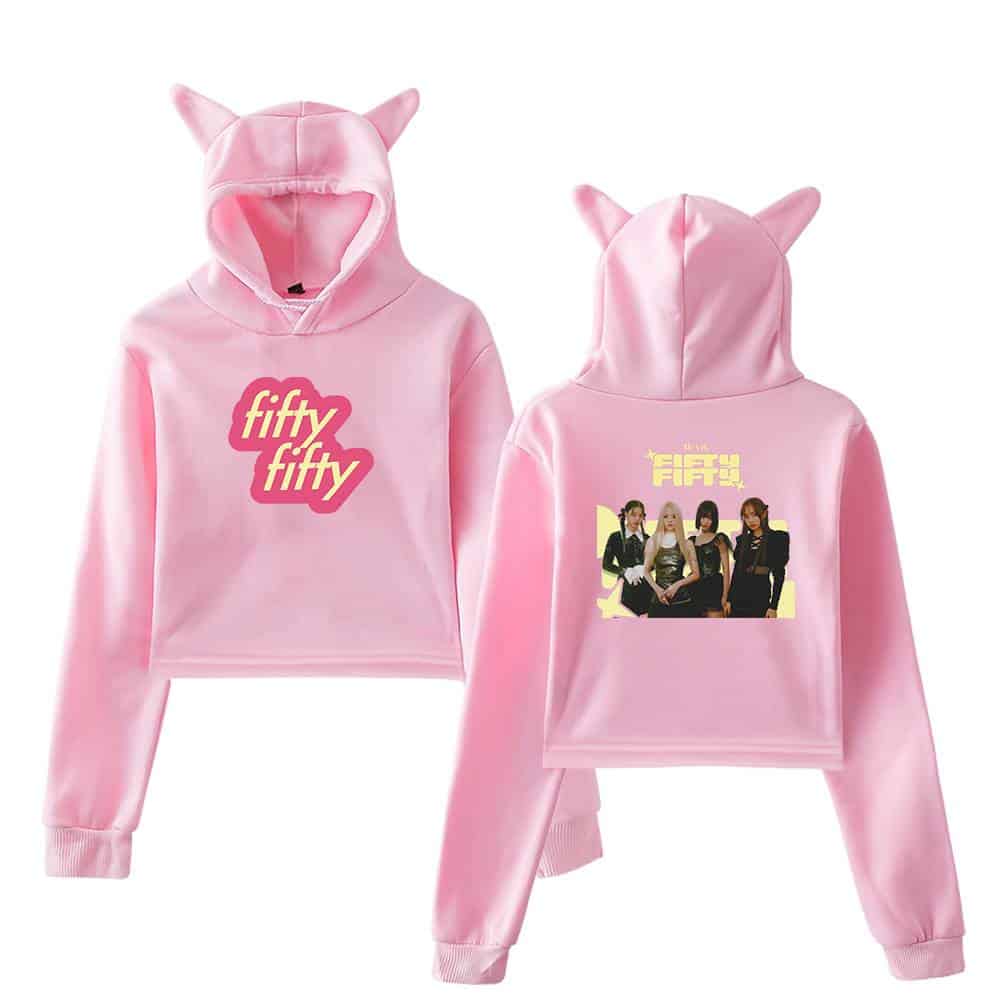 Fifty fifty pink hoodie with cat ears and graphic print, women's casual streetwear merchandise.