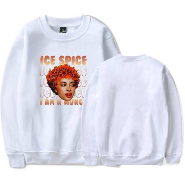 Bright white sweatshirt featuring a vibrant graphic of a woman with curly orange hair and the text "Ice Spice" and "I Am a Munk." Perfect for casual wear and fans of streetwear fashion.