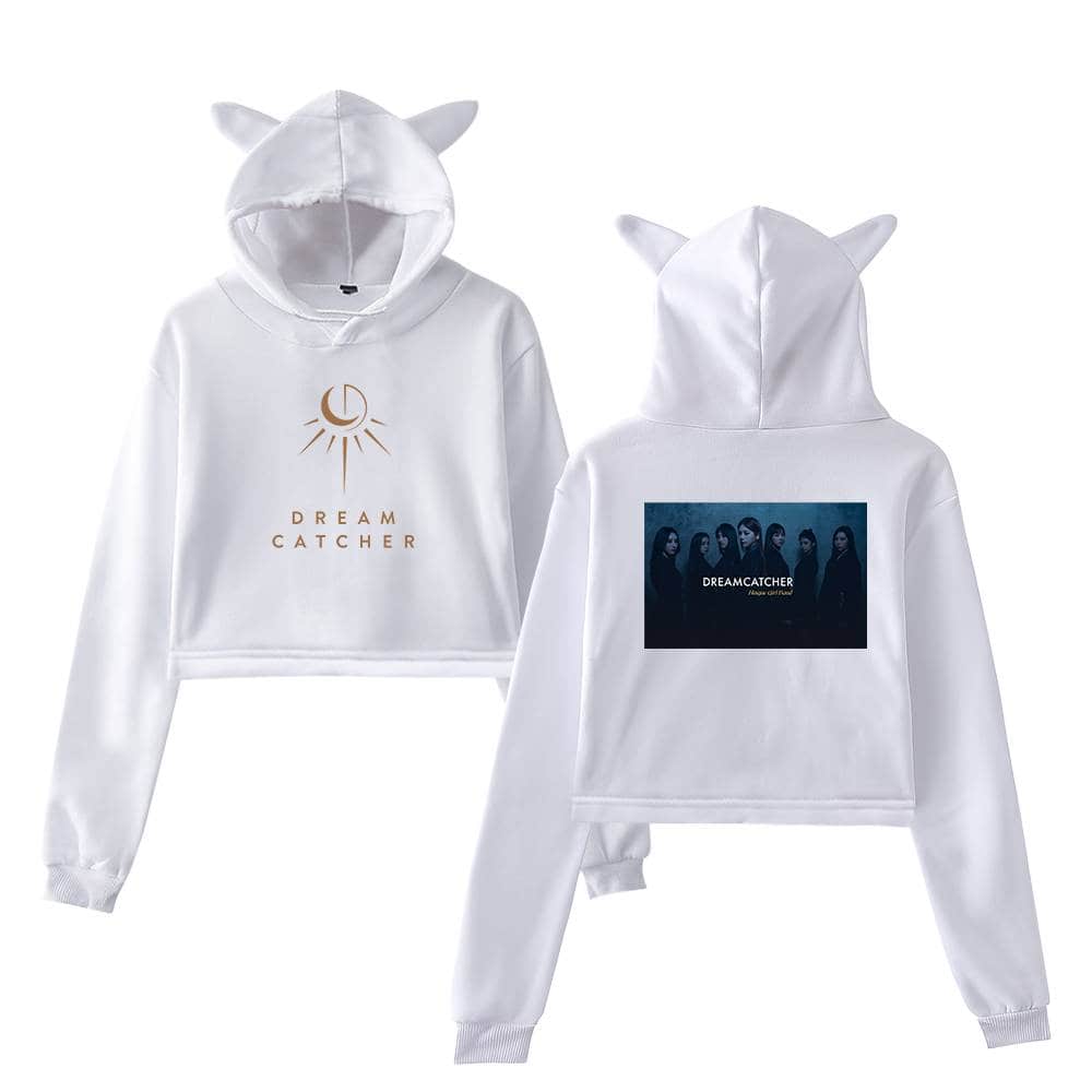 White hoodie with animal ears, featuring "Dream Catcher" logo on the front and a group photo on the back, perfect for fans of the K-pop group.
