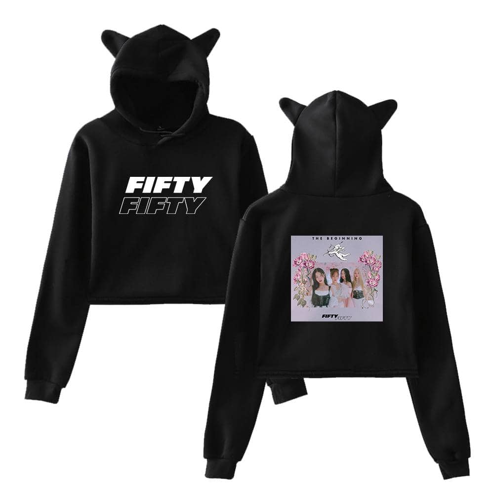 Fifty Fifty girls' hoodies with cute animal ears on the hood, featuring graphic prints of the band members and stylish text, perfect for fans of K-pop and cozy fashion.