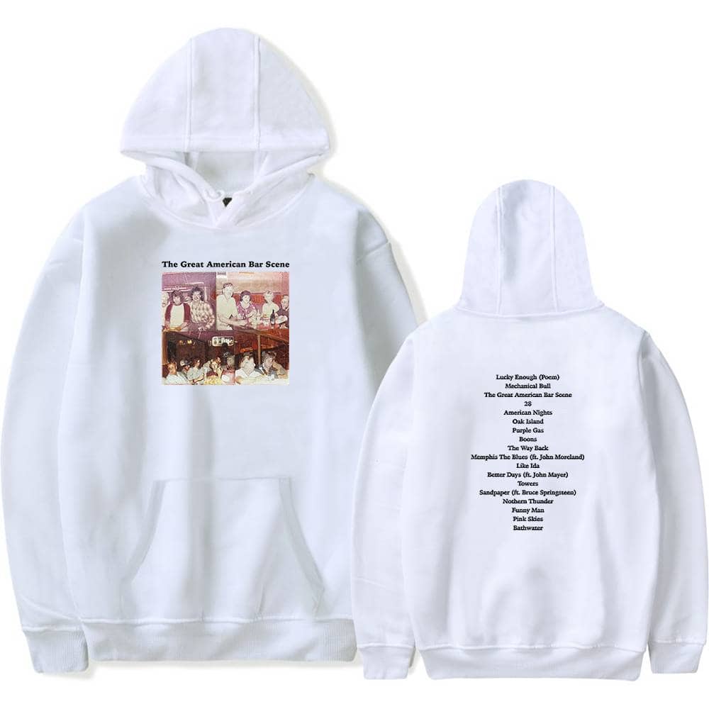 The Great American Bar Scene white hoodie with a vintage bar photo on the front and a list of song titles on the back, perfect for music and bar enthusiasts.