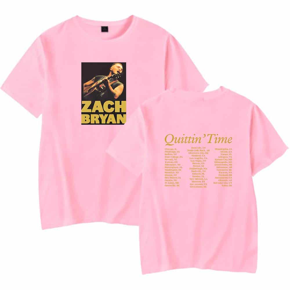 Zach Bryan pink T-shirt featuring a large back print with song lyrics and a front image of Zach Bryan playing guitar, offering a stylish and musical merchandise option.
