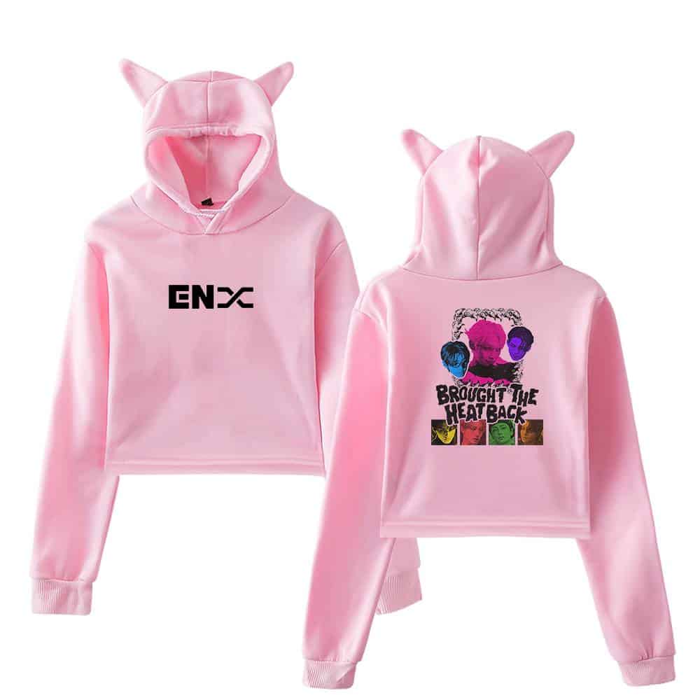 ENX logo on front, colorful graphic on back with cartoon faces and the text “Brought The Heat Back” on a pink hoodie with cat ear hood.