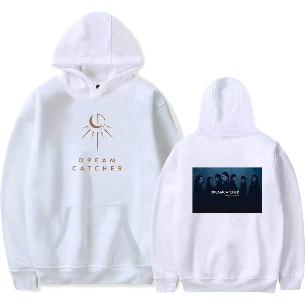 White hoodie with "Dream Catcher" logo and band photo printed on the back, featuring a stylish and comfortable design. Perfect for fans and everyday wear.