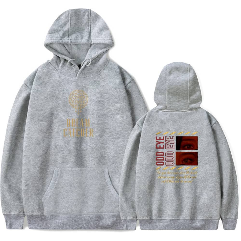 Soft gray hoodie with gold "Dream Catcher" graphic on the front and red and yellow "Odd Eye" print with eyes and decorative elements on the back. Perfect for casual wear.
