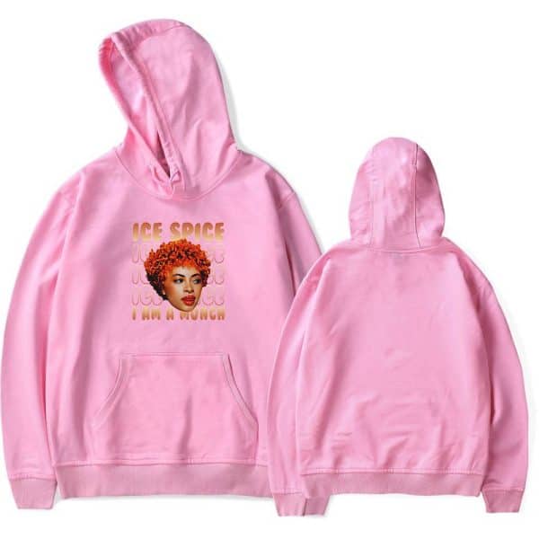 Ice Spice hoodie with a graphic of Ice Spice and the text "I am a munch" on front. Bright pink color, oversized fit, casual streetwear style, perfect for fans of the artist. Regular fit with a front pocket and hood.