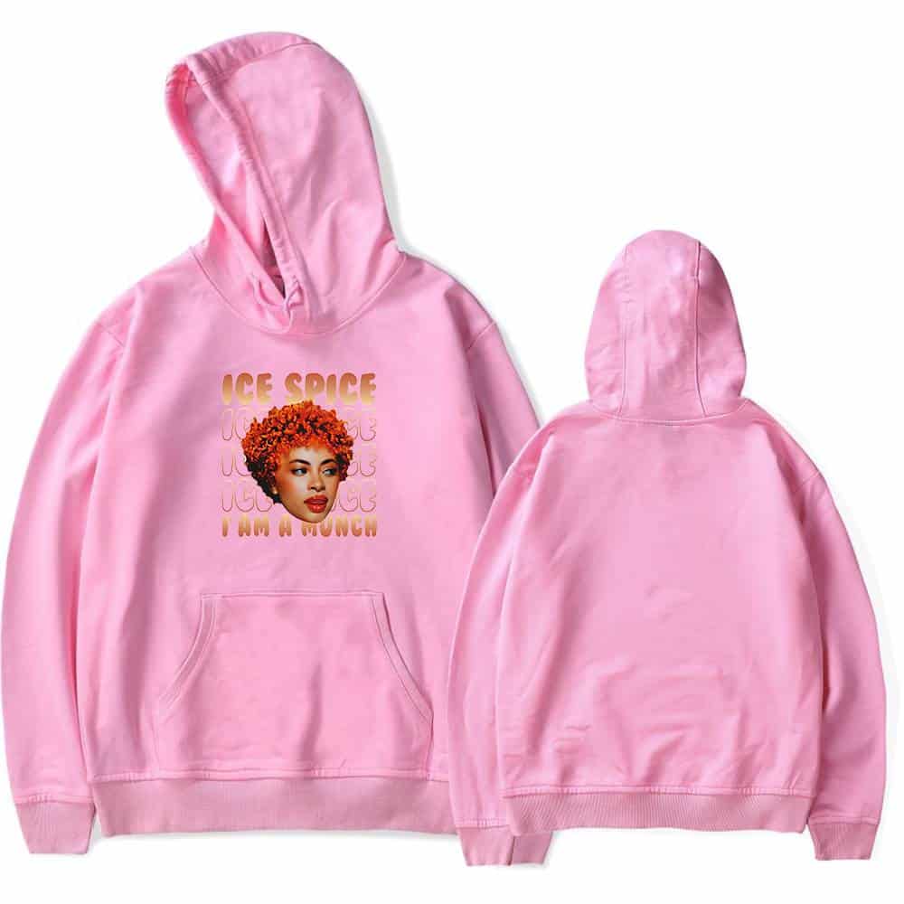 Ice Spice hoodie with a graphic of Ice Spice and the text "I am a munch" on front. Bright pink color, oversized fit, casual streetwear style, perfect for fans of the artist. Regular fit with a front pocket and hood.
