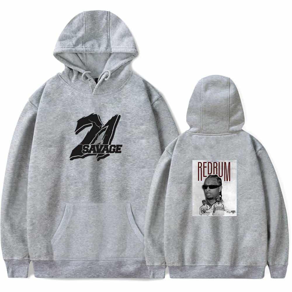 Savage and redrum rapper hoodie sweatshirt, front and back view, gray color with graphic prints, streetwear style, casual unisex apparel, inspired by hip-hop culture, oversized fit, comfortable cotton fabric.