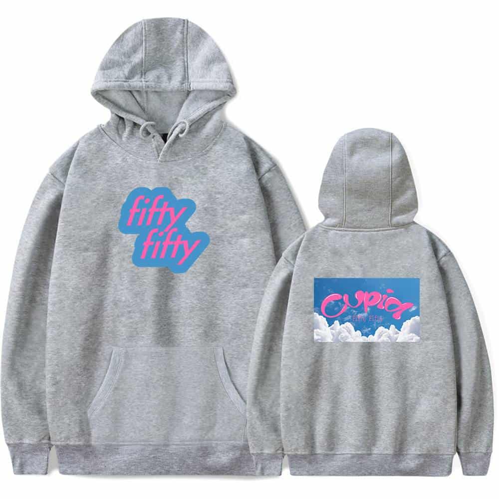 Fifty Fifty hoodie with colorful graphic design and cloud background, unisex casual streetwear, perfect for fans of pop culture, comfortable and stylish for everyday wear.