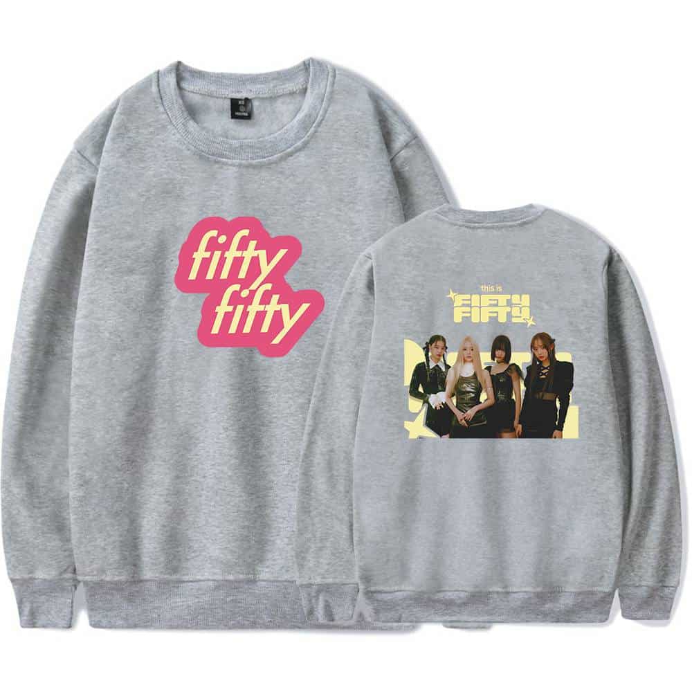 Fifty fifty sweatshirt with group photo and logo, gray crewneck sweatshirt, trendy unisex fan merch for K-pop fans.
