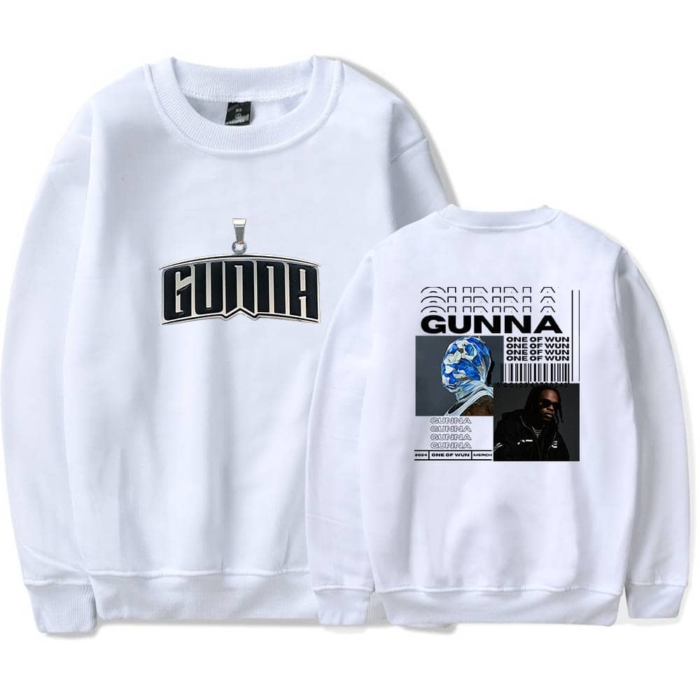GUƎÑA sweatshirt with bold graphic print, featuring a barcode and a highlighted portrait design on the back for a modern streetwear look. Perfect for casual, stylish outfits.